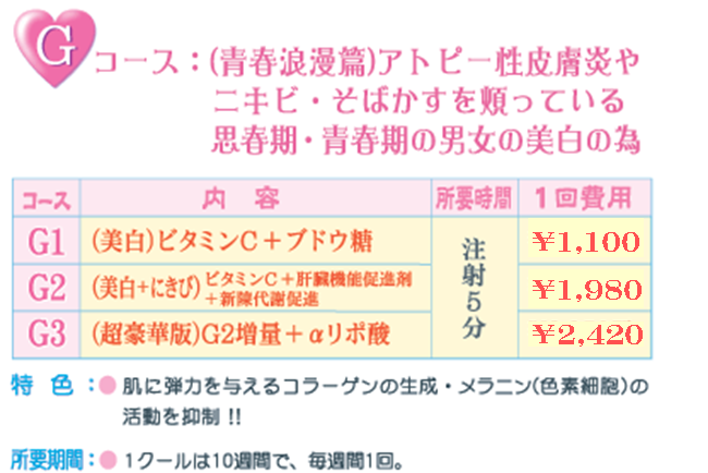 Gコース：青春浪漫篇アトピー性皮膚炎やニキビ・そばかすを煩っている思春期・青春期の男女の美白の為_特色：肌に弾力を与えるコラーゲンの生成・メラニンの活動を抑制！